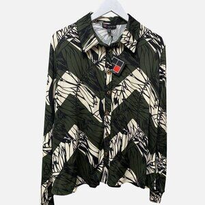 CARRE NOIR Stretch Top XL Womens Button Up Olive Green Print Long Sleeve NWT